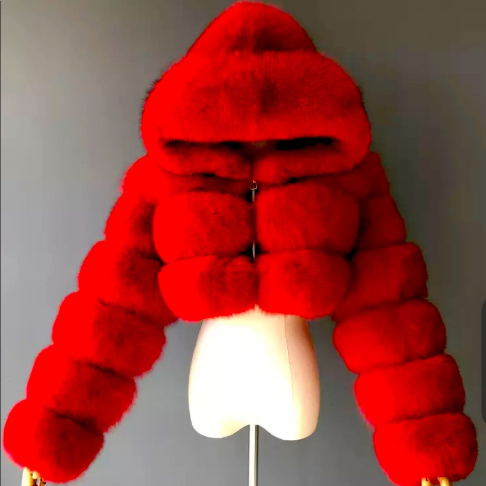 Red Faux fur coat NEVER WORN